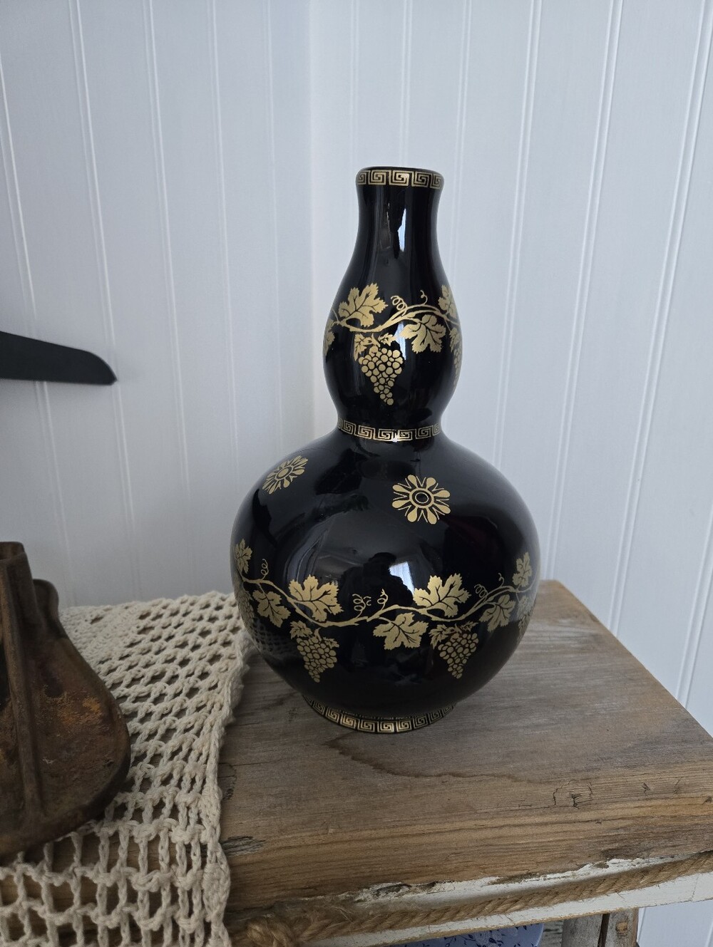 Vintage S.T.X. Greece 24K Gold Black Ceramic Gourd Vase